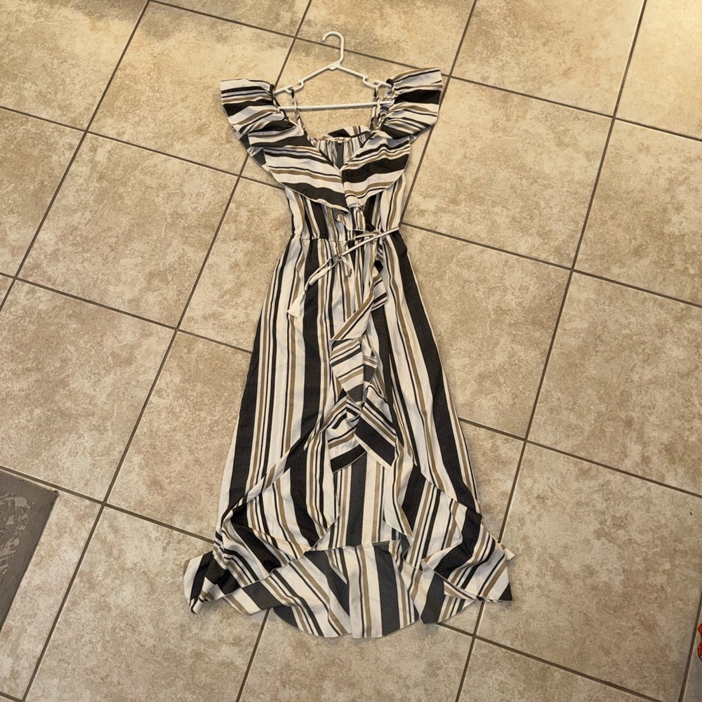 Blush Vintage OG Black White Brown Grey Striped High Low Dress